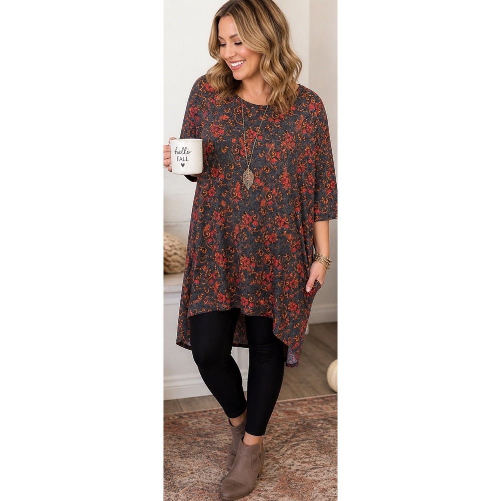 Lularoe Irma Top L Blue-Gray Floral High Low Tunic Oversized Comfy Fall